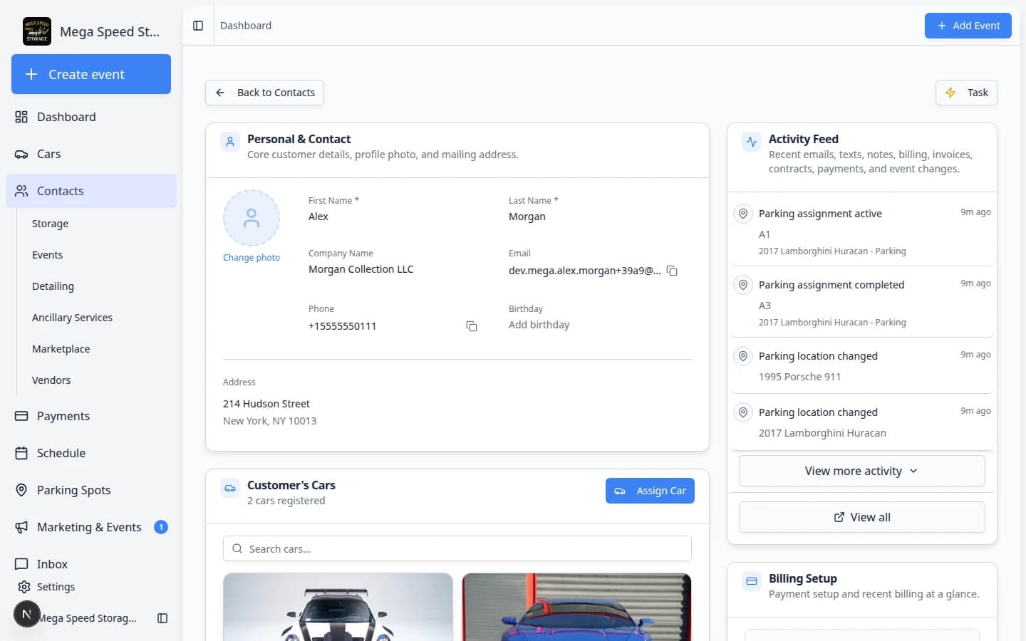 Customer detail page showing name, contact fields, and sections for cars and follow-up work