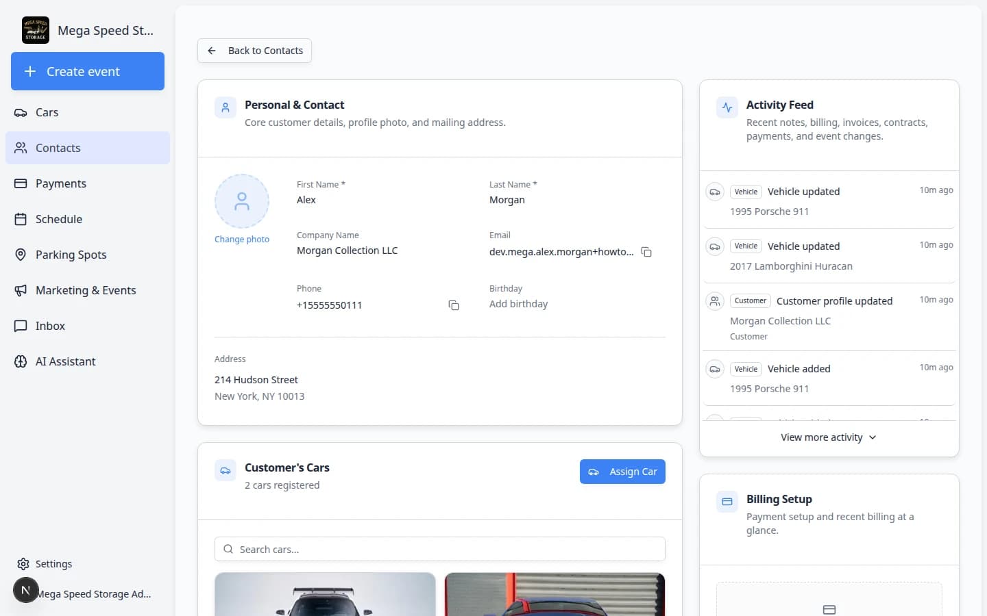 Customer detail page showing the personal information section with fields for name, email, phone, company, and address