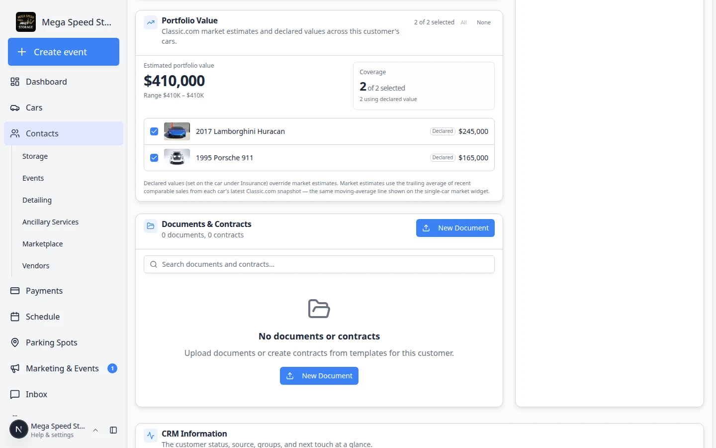 Documents and Contracts section on a customer detail page showing linked files and a New Document button