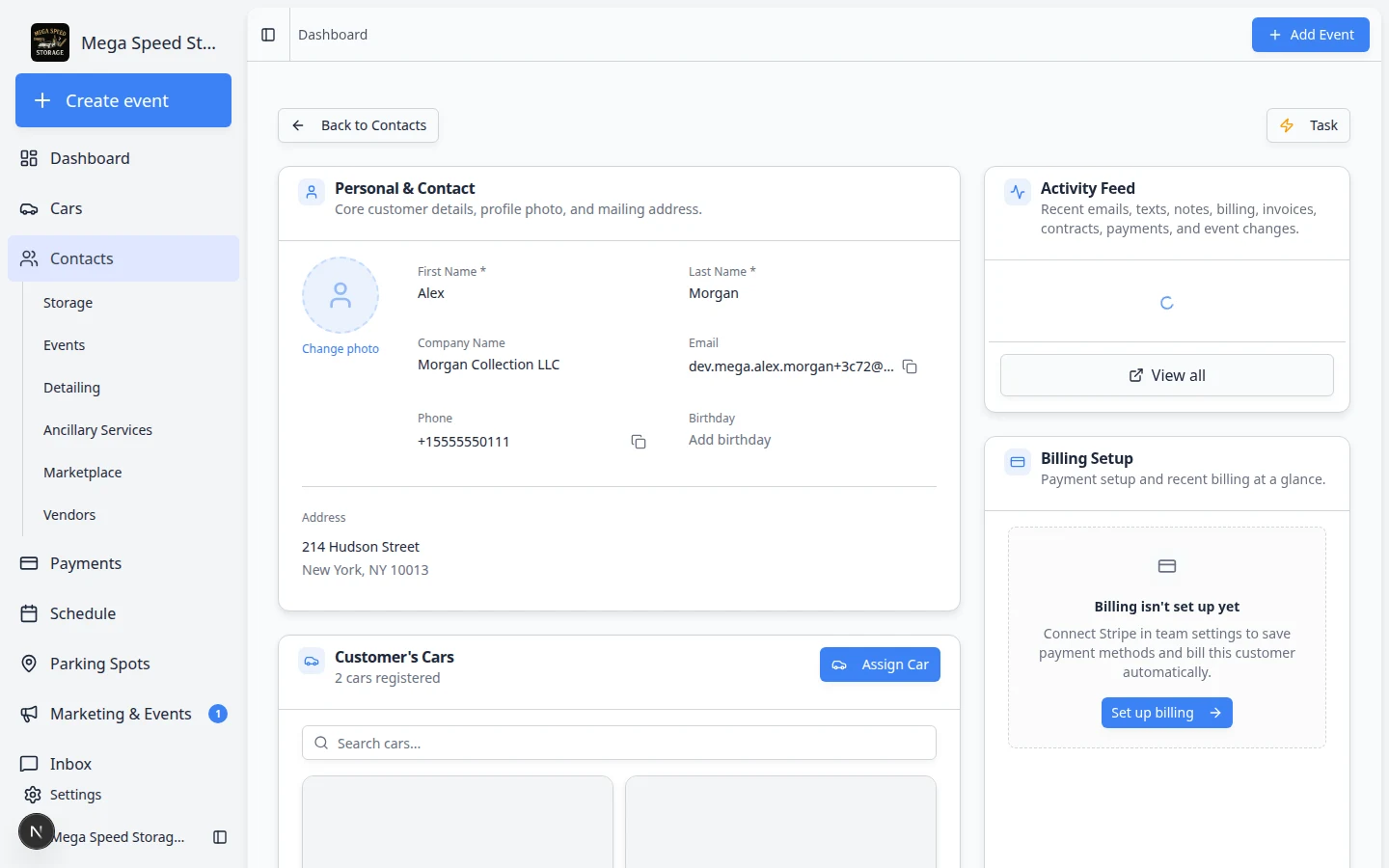 Customer record with editable contact fields