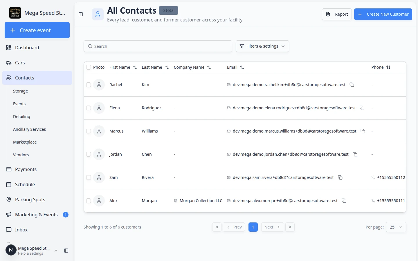 Contacts table showing Account Status, Portal Access, and row actions including Send Invite