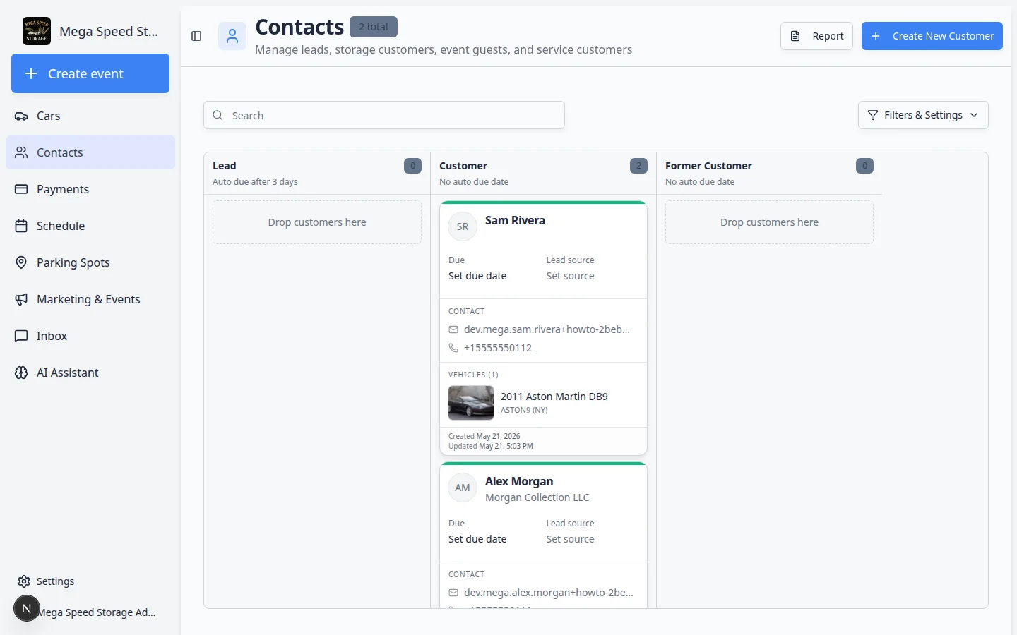 Contacts list in the staff dashboard showing customer rows, search, filters, and customer actions