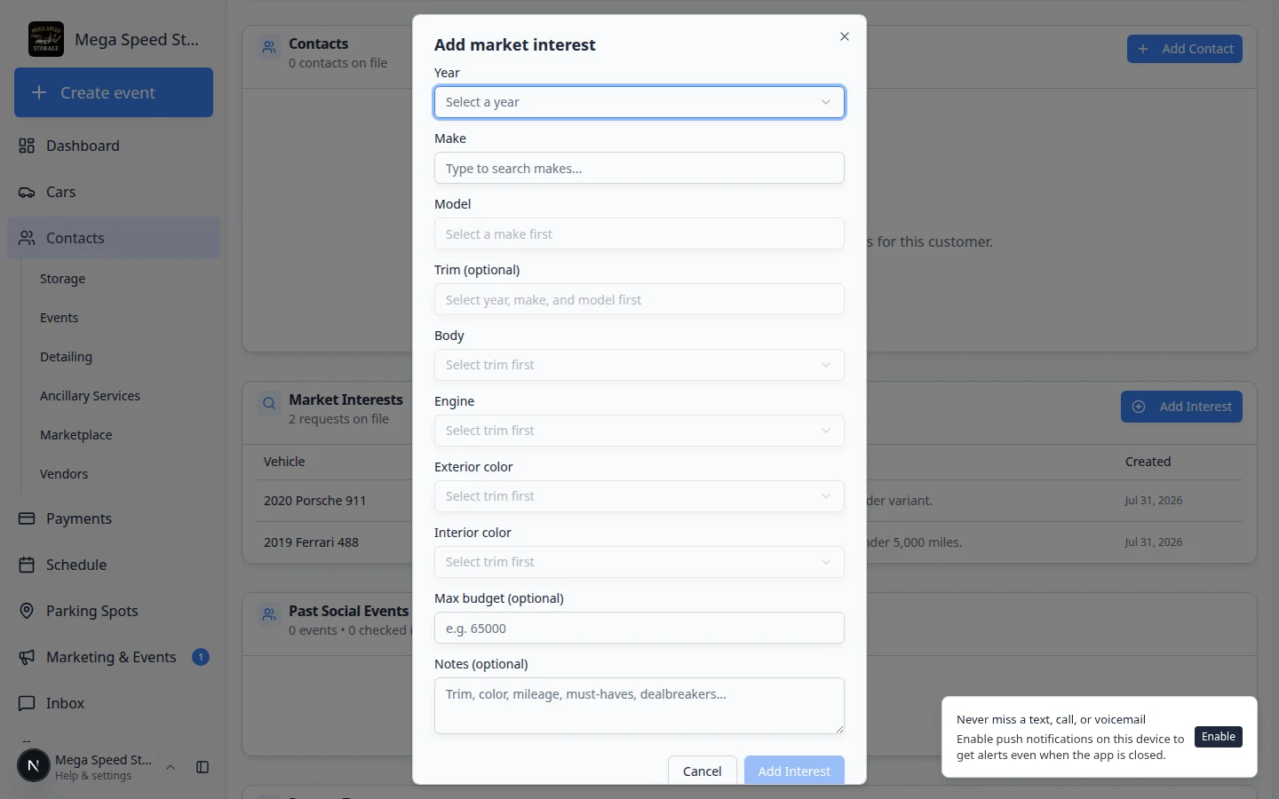 Add market interest dialog with Year, Make, Model, Trim, Budget, and Notes fields