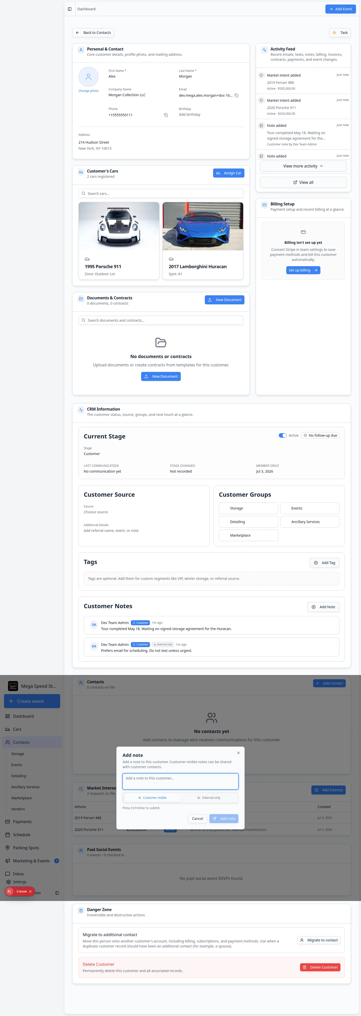 Customer detail page Market Interests table showing two vehicle requests with budgets and active status