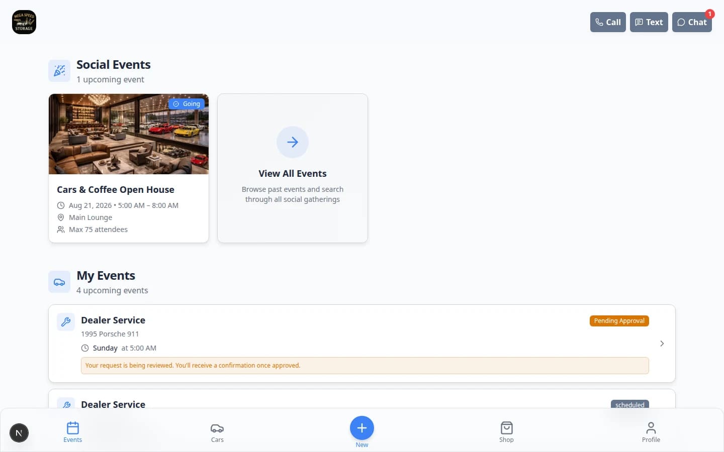 Customer portal Events page showing upcoming customer appointments and events