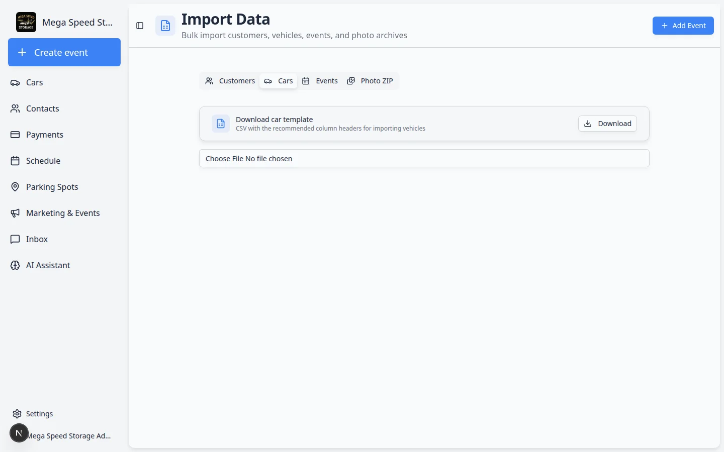 Import Data page with the Cars tab selected showing the car import template and file upload area