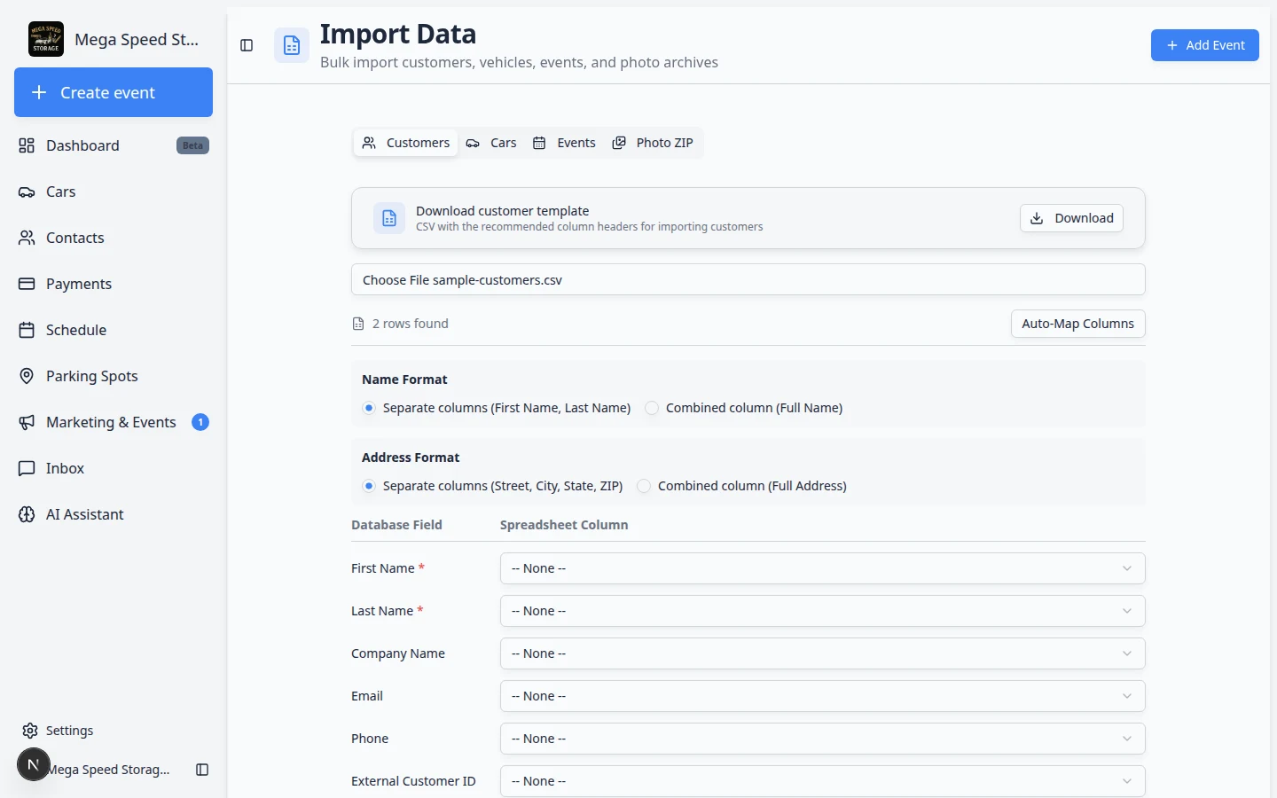 Customer import mapping screen showing name format, address format, database fields, spreadsheet columns, additional contacts, and auto-link car options