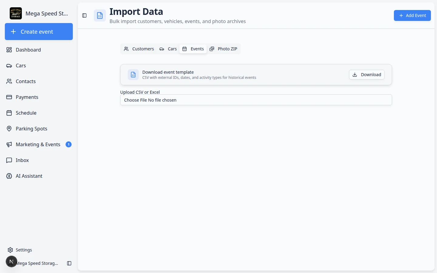 Import Data page with Events tab selected showing download event template card and upload area