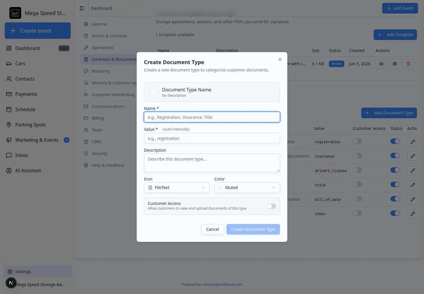Add Document Type dialog showing name, description, icon, color, and Customer Access switch