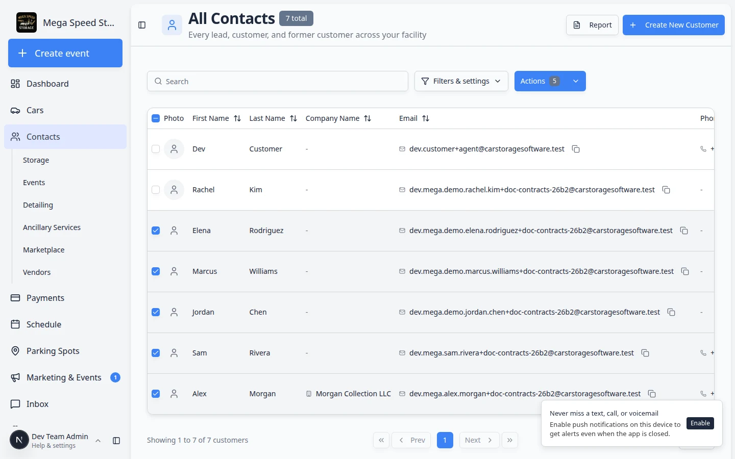 Contacts list with three customers checked and the Actions button showing a selected count