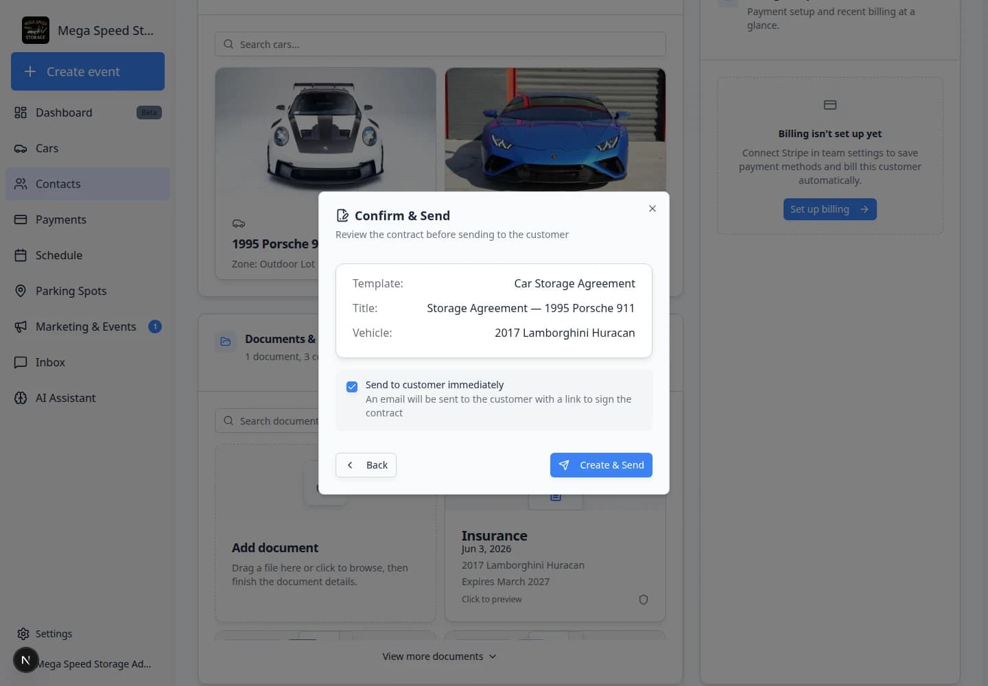 Confirm and Send step showing contract summary, send to customer immediately toggle, and Create and Send button