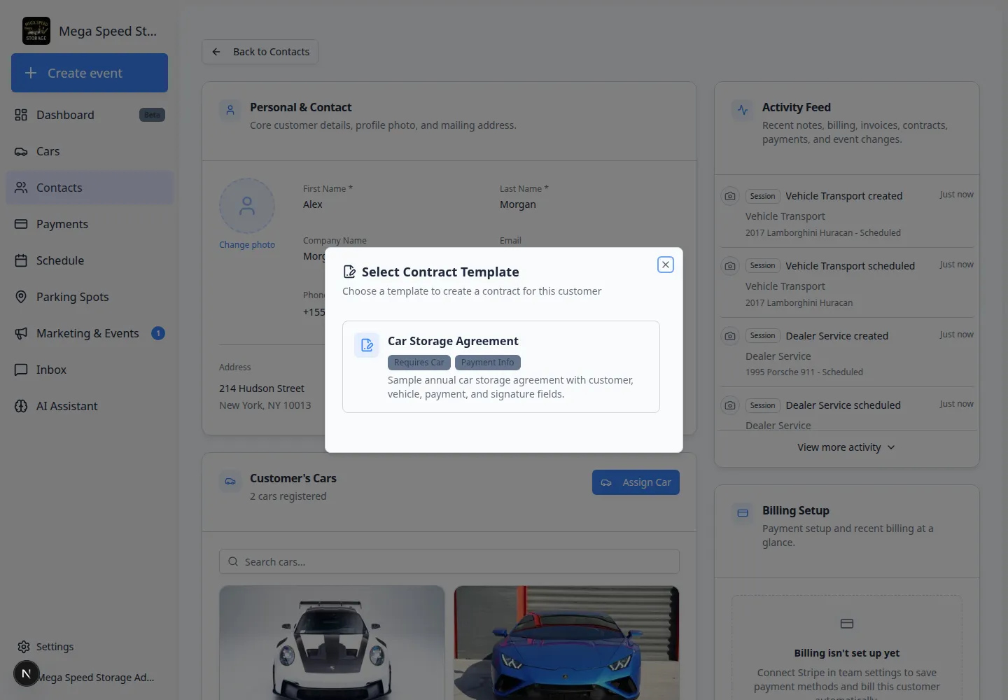 Select Contract Template window listing Car Storage Agreement template