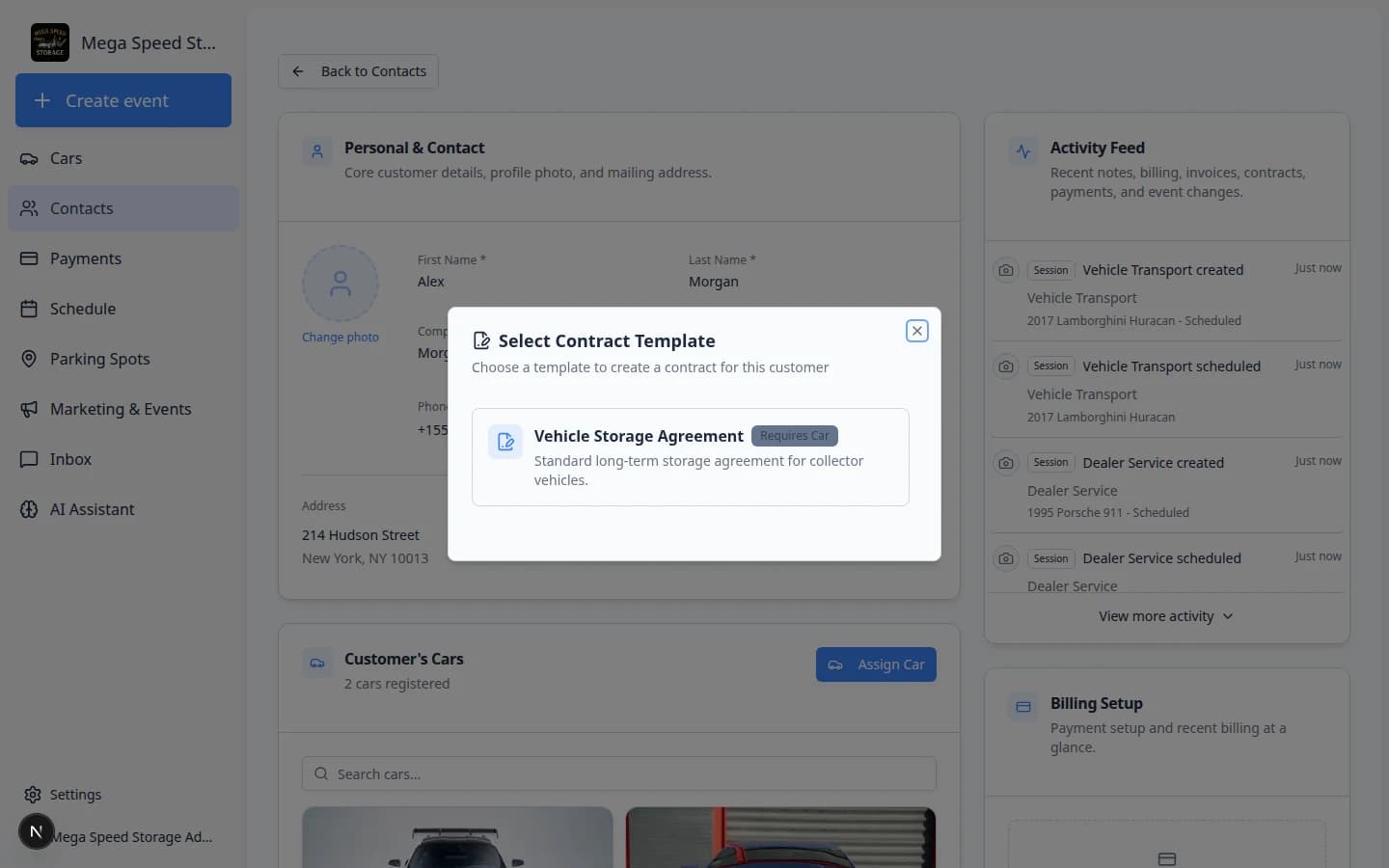 Create contract dialog showing template selection for Vehicle Storage Agreement
