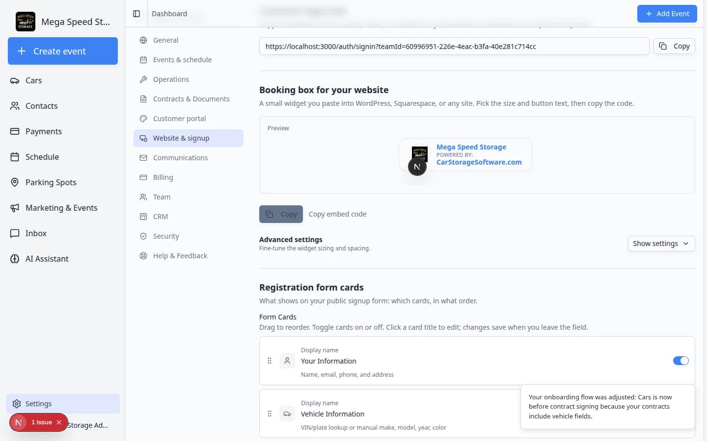 Website and signup settings showing Customer onboarding steps including Contract Signing enabled