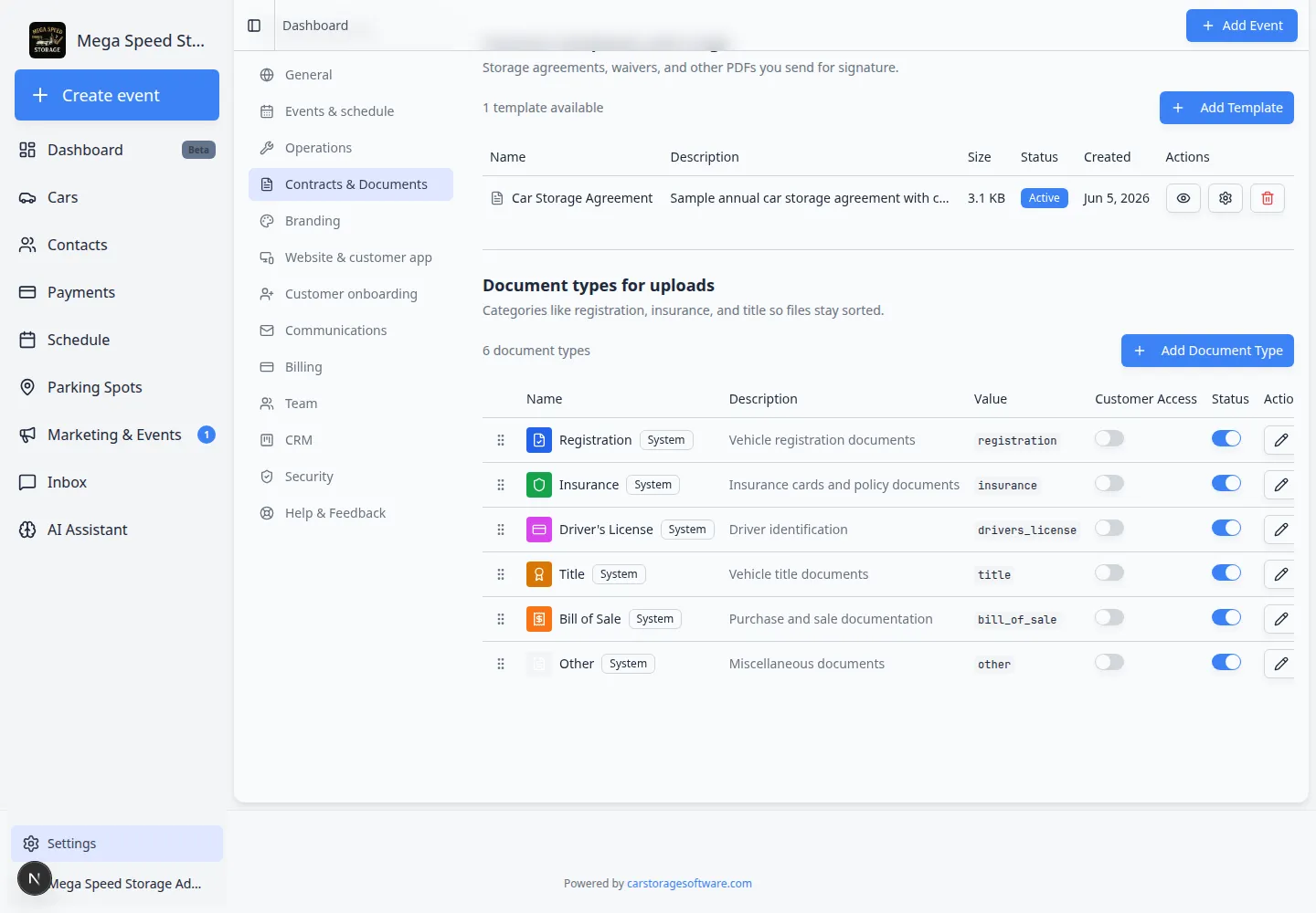 Document types for uploads section in settings showing Insurance and Vehicle Registration categories
