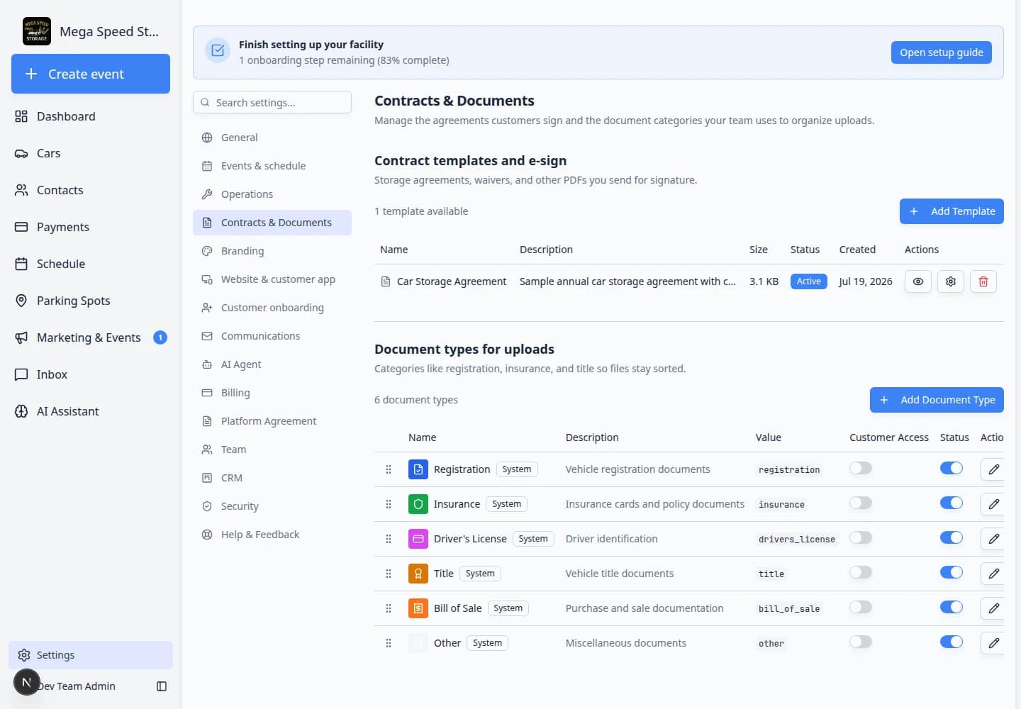 Document types for uploads in settings showing Insurance and Vehicle Registration with Customer Access
