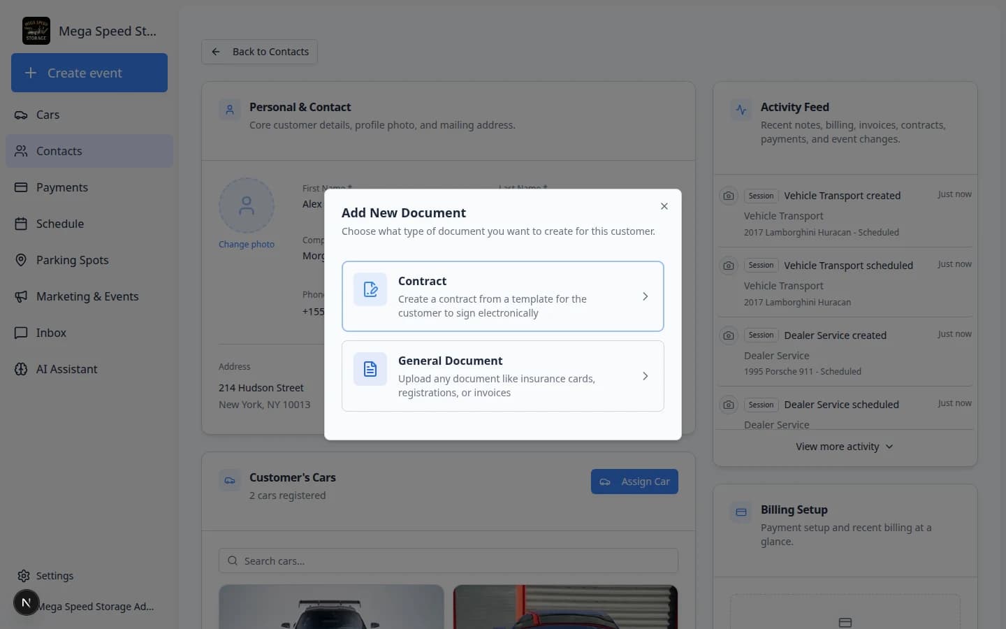 Add New Document window showing Contract and General Document choices