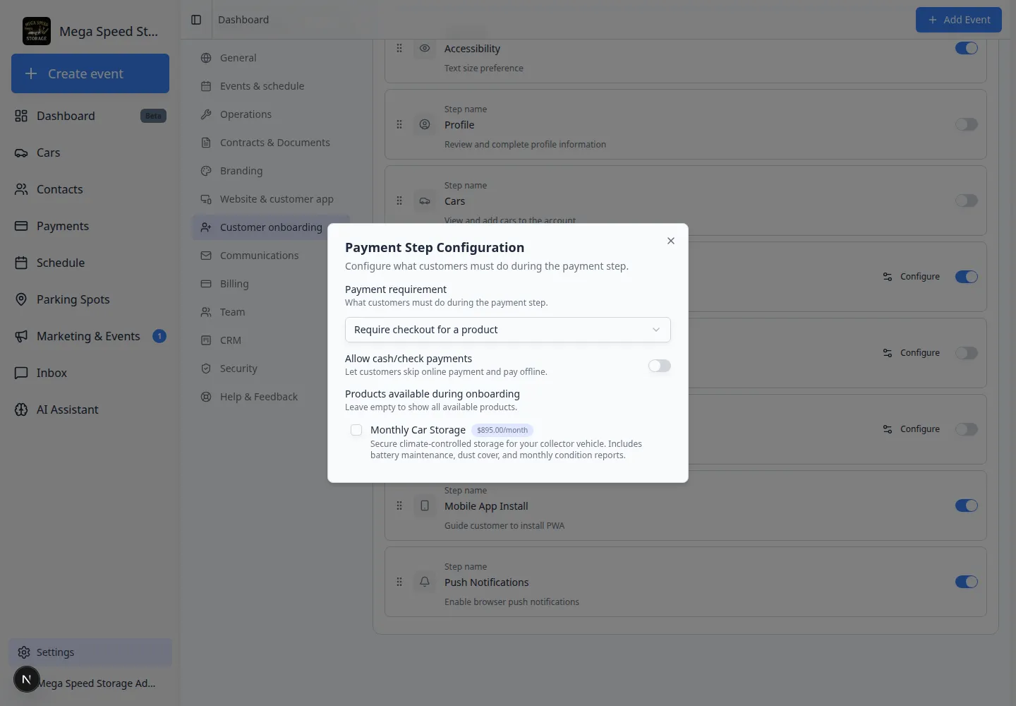 Document Upload Step Configuration modal listing required document types