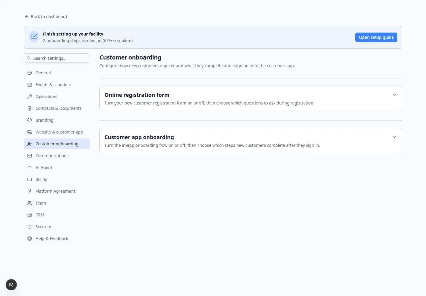 Customer onboarding settings with Customer app onboarding on and Contract Signing and Document Upload steps enabled