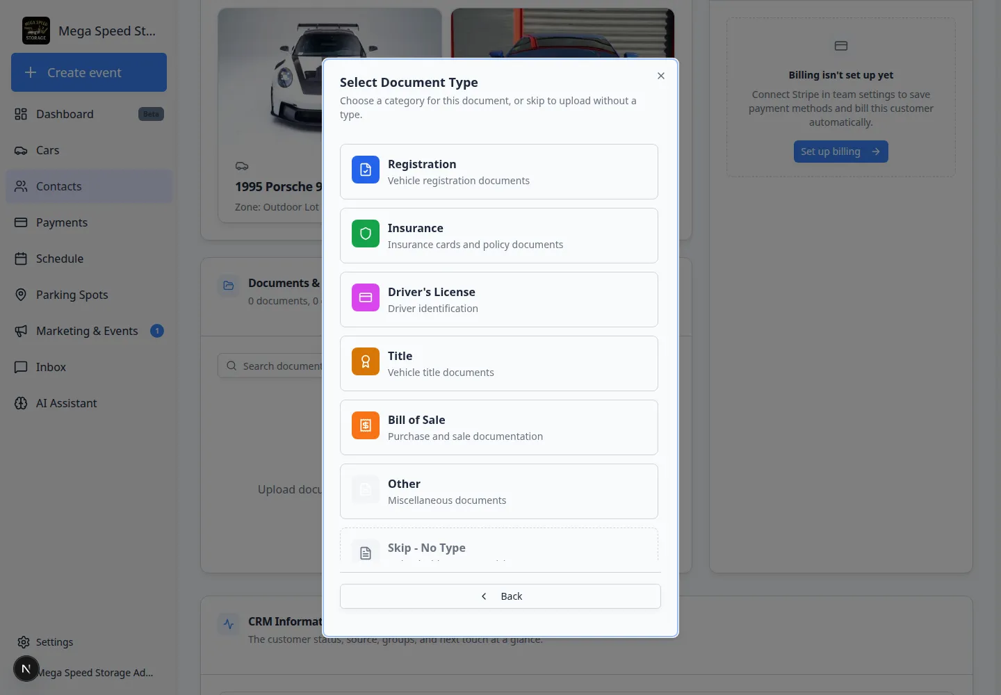 Select Document Type window listing Insurance and Vehicle Registration with Skip - No Type option
