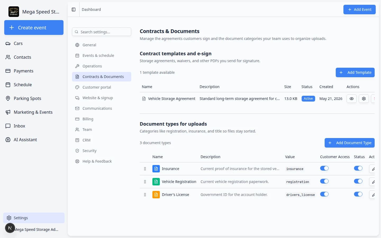 Contracts and Documents settings showing Document types for uploads section