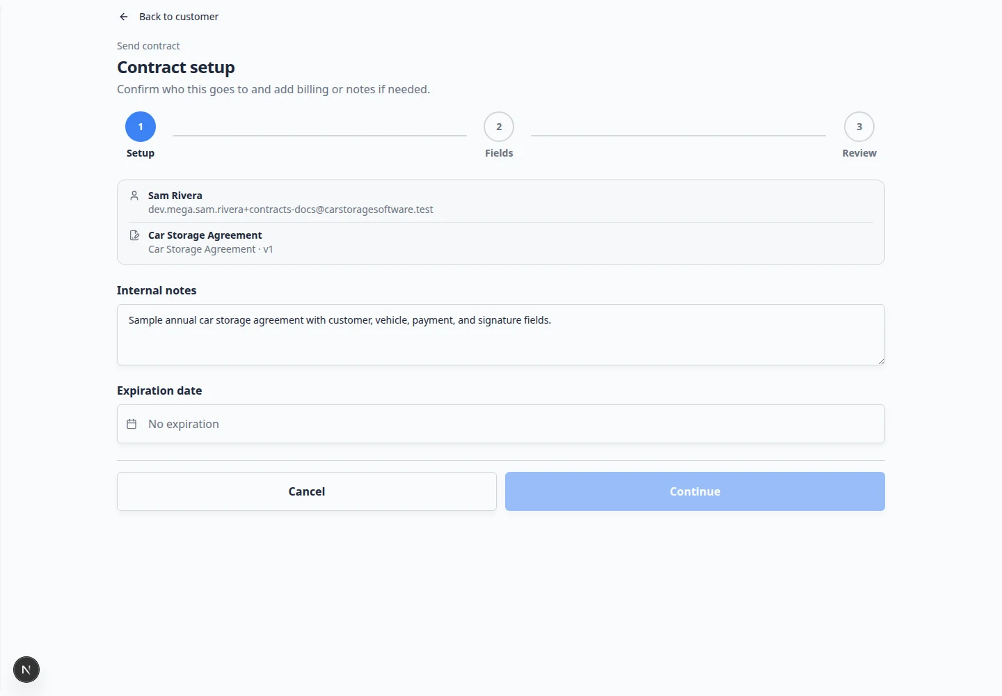 Contract status page showing Sent badge, progress tracker, and Resend email button