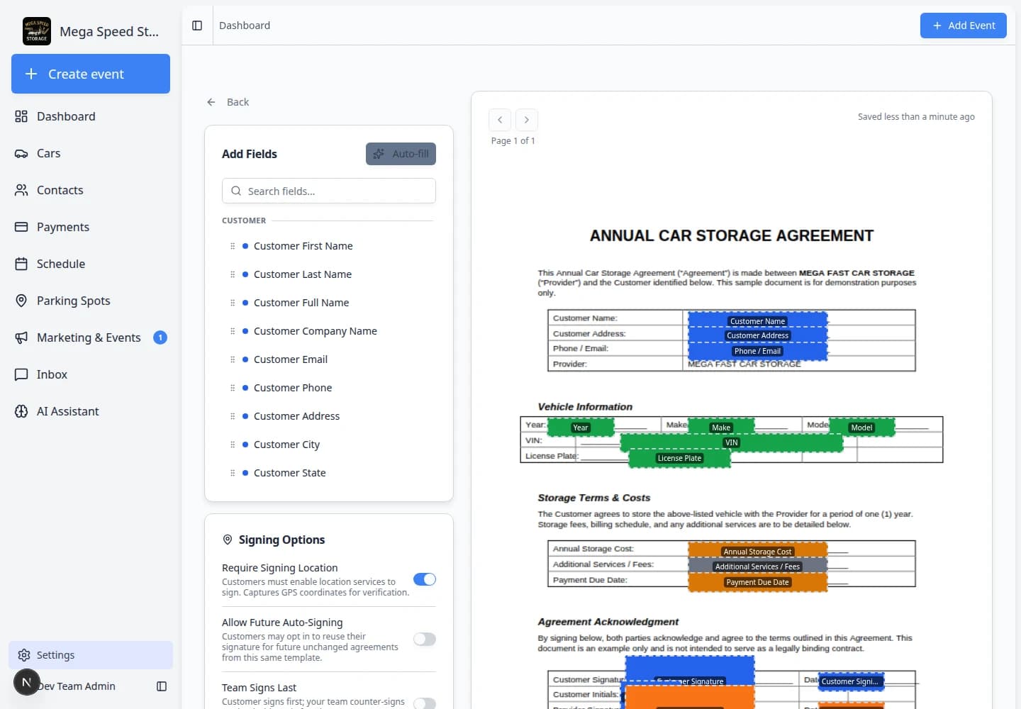 Contract template editor showing PDF preview and field types in the side panel
