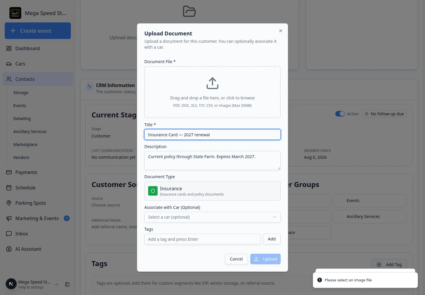 Upload document form with document type selection