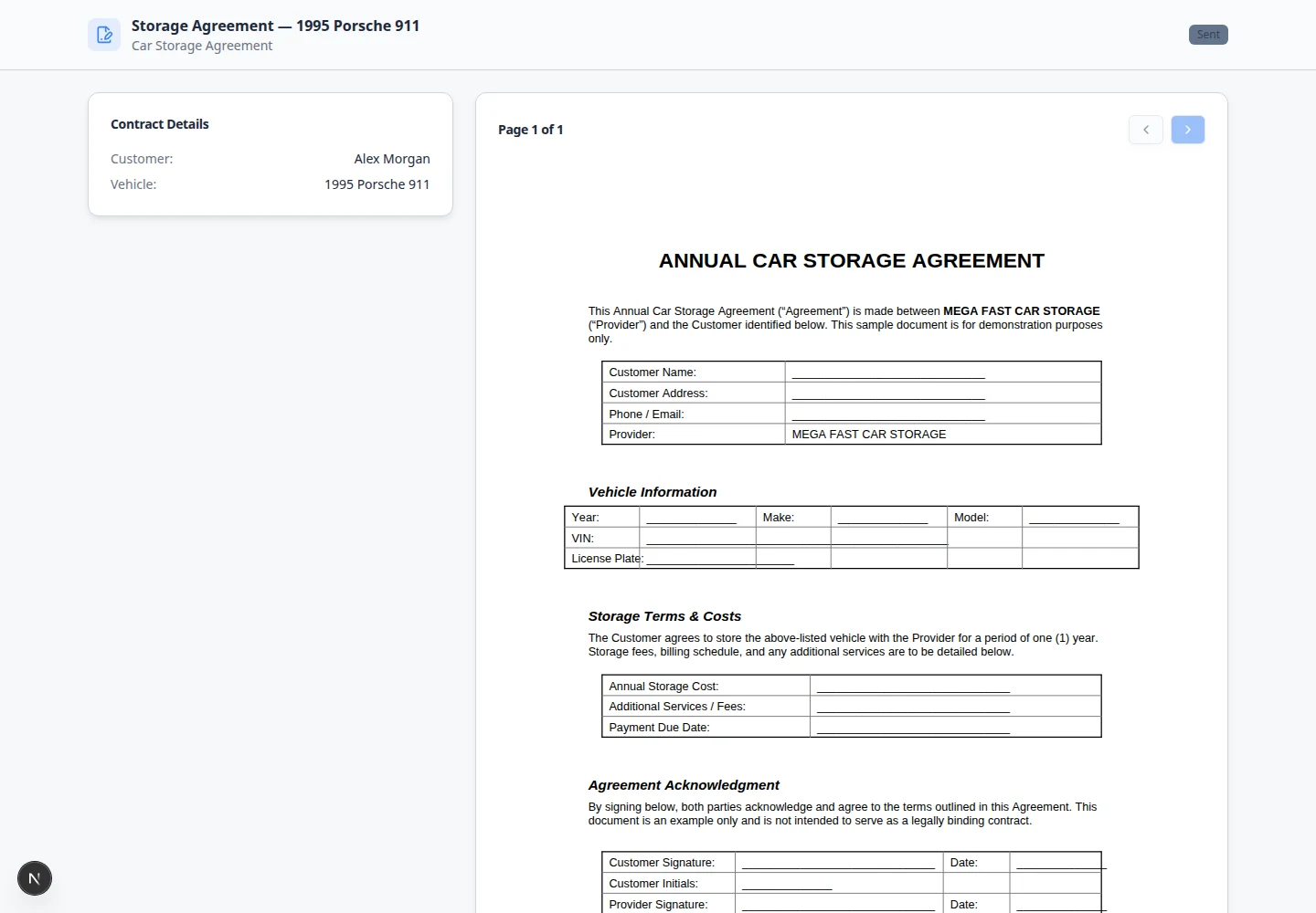 Customer contract signing page showing agreement title, vehicle details, signature pad, and Sign Contract button