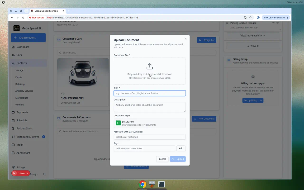 Customer portal Upload Document window showing file picker and save button for an insurance upload