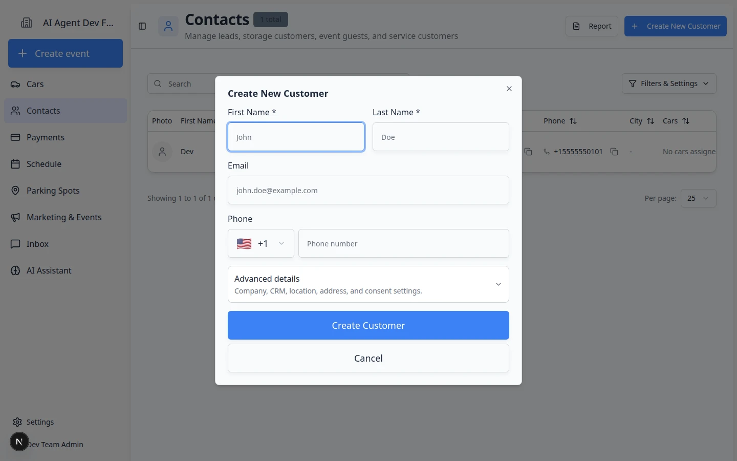 Create New Customer dialog showing first name, last name, email, phone, and Advanced details section