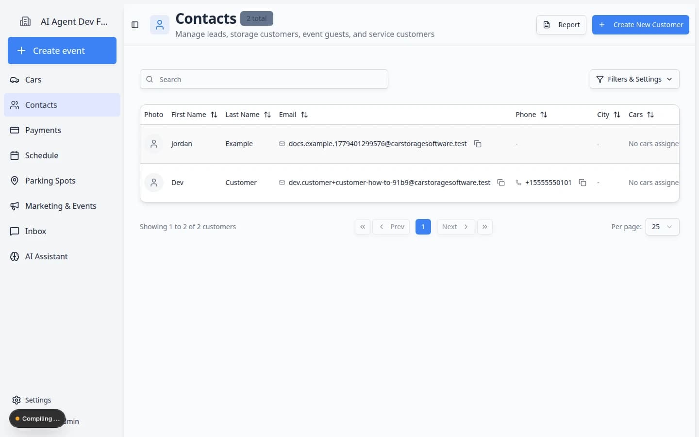 Customer detail page showing name, contact fields, and sections for cars and follow-up work