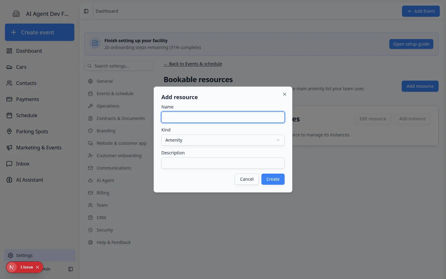 Add resource dialog with Name, Kind, Description, Cancel, and Create controls
