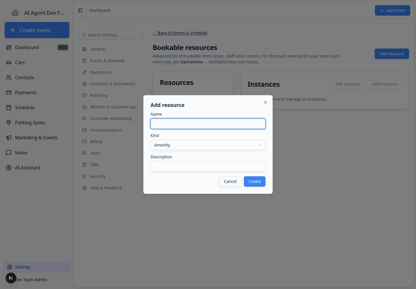 Add resource dialog with Name, Kind, Description, Cancel, and Create controls
