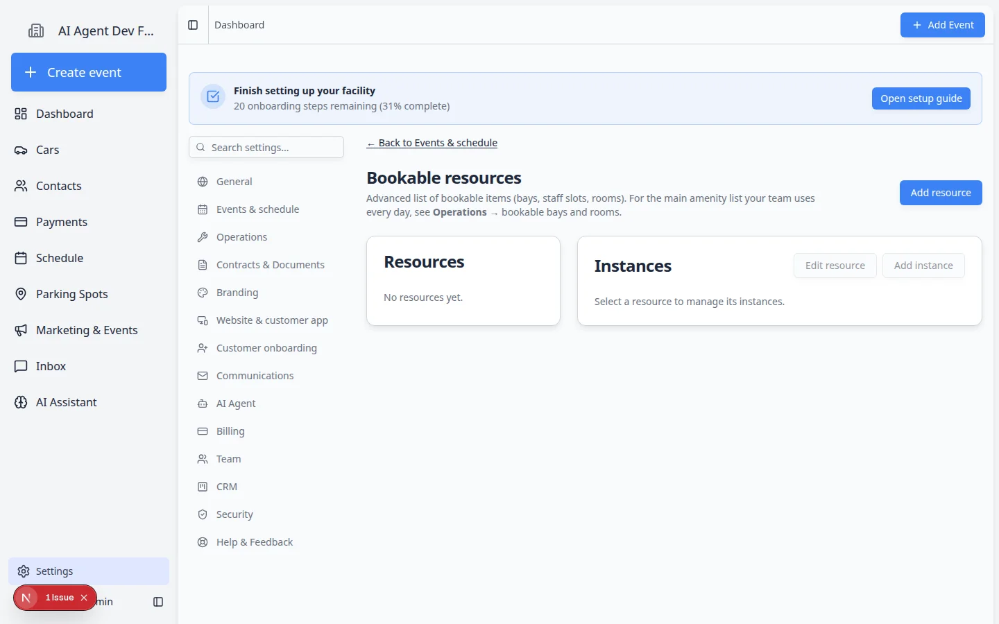 Bookable resources page showing Detail Bay selected with Bay 1 and Bay 2 instances in the table