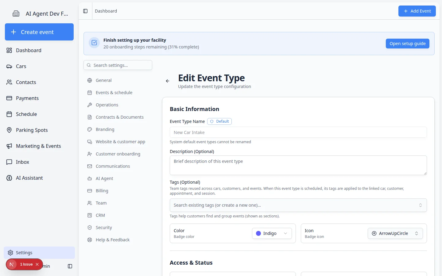 Edit Event Type page showing Customer Accessible and Active toggles under Access and Status