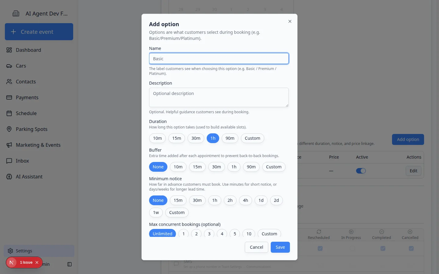 Add option dialog showing name, description, duration, buffer, minimum notice, capacity, active status, and save controls