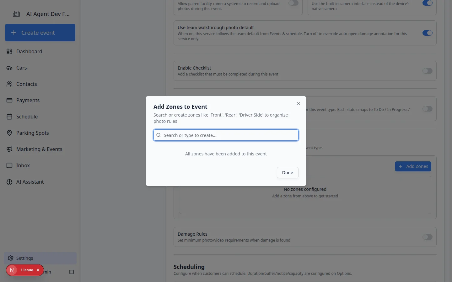 Add Zones to Event dialog with a search field and existing zone names