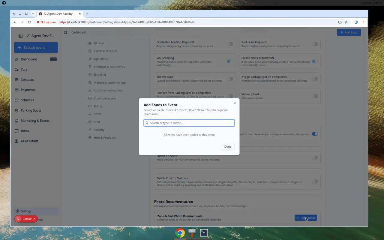 Add Zones to Event dialog with a search field and existing zone names