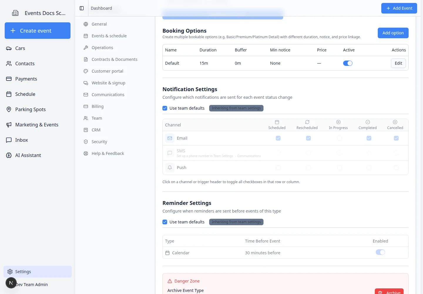 Event type Booking Options table showing the settings to check during an event setup test