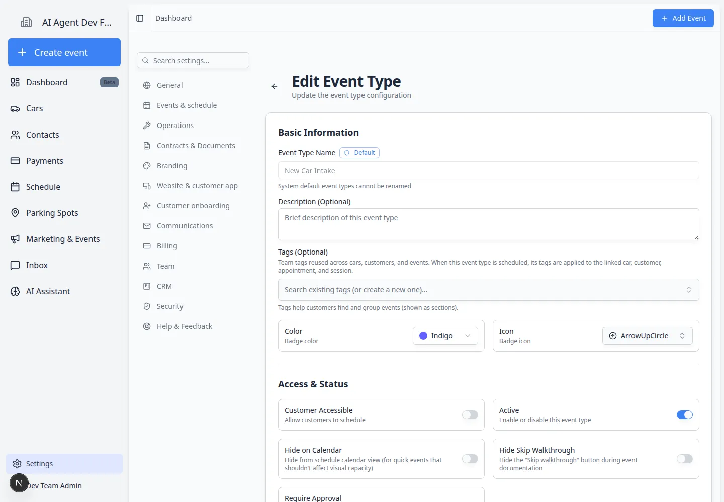 Edit Event Type page showing Notification Settings with Use team defaults and rows for scheduled, rescheduled, in progress, completed, and cancelled