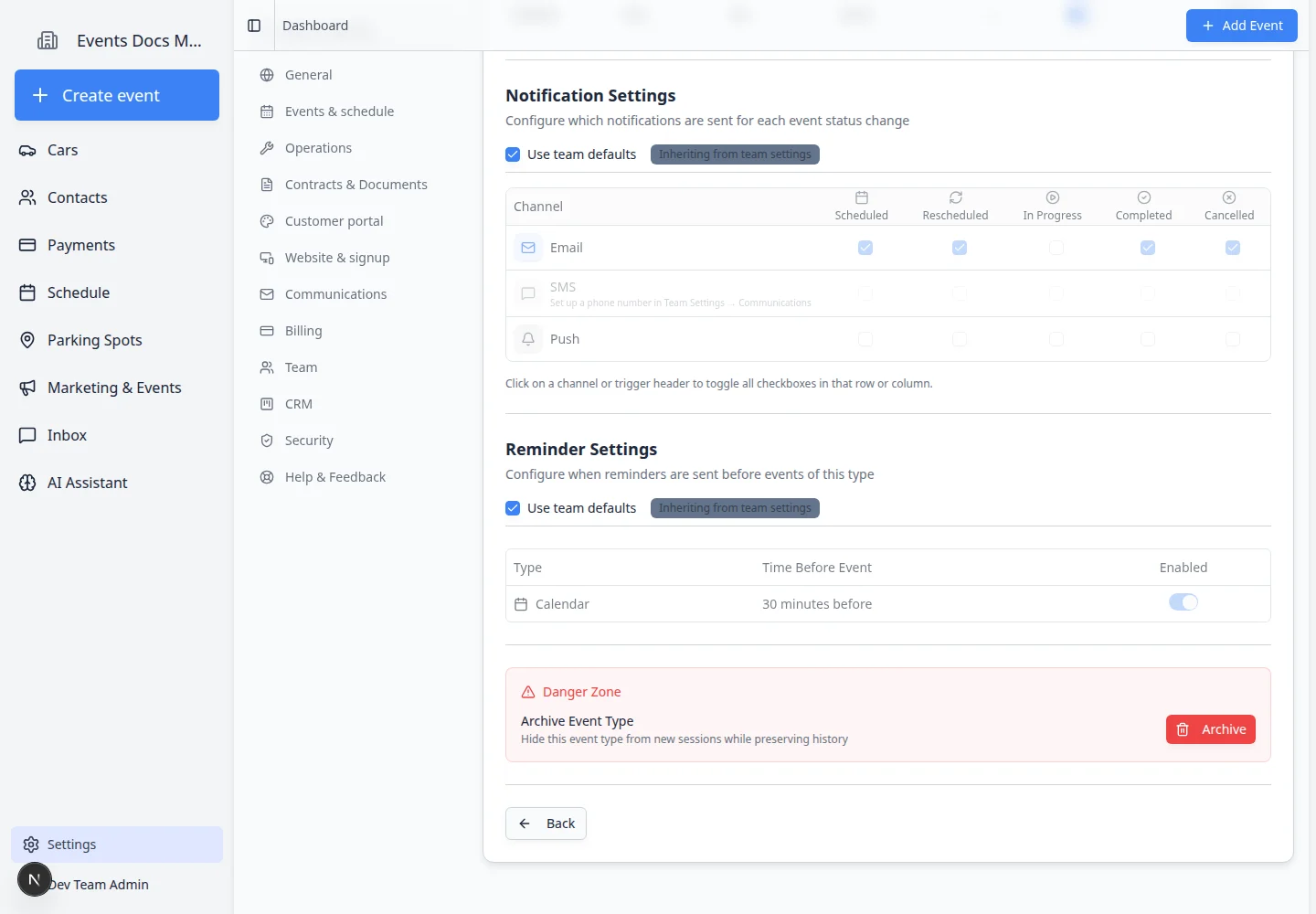 Edit Event Type page showing Notification Settings with Use team defaults and rows for scheduled, rescheduled, in progress, completed, and cancelled