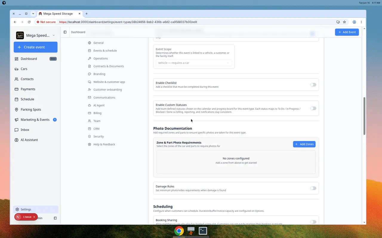 Edit Event Type page scrolled to the Photo Documentation section with Zone and Part Photo Requirements
