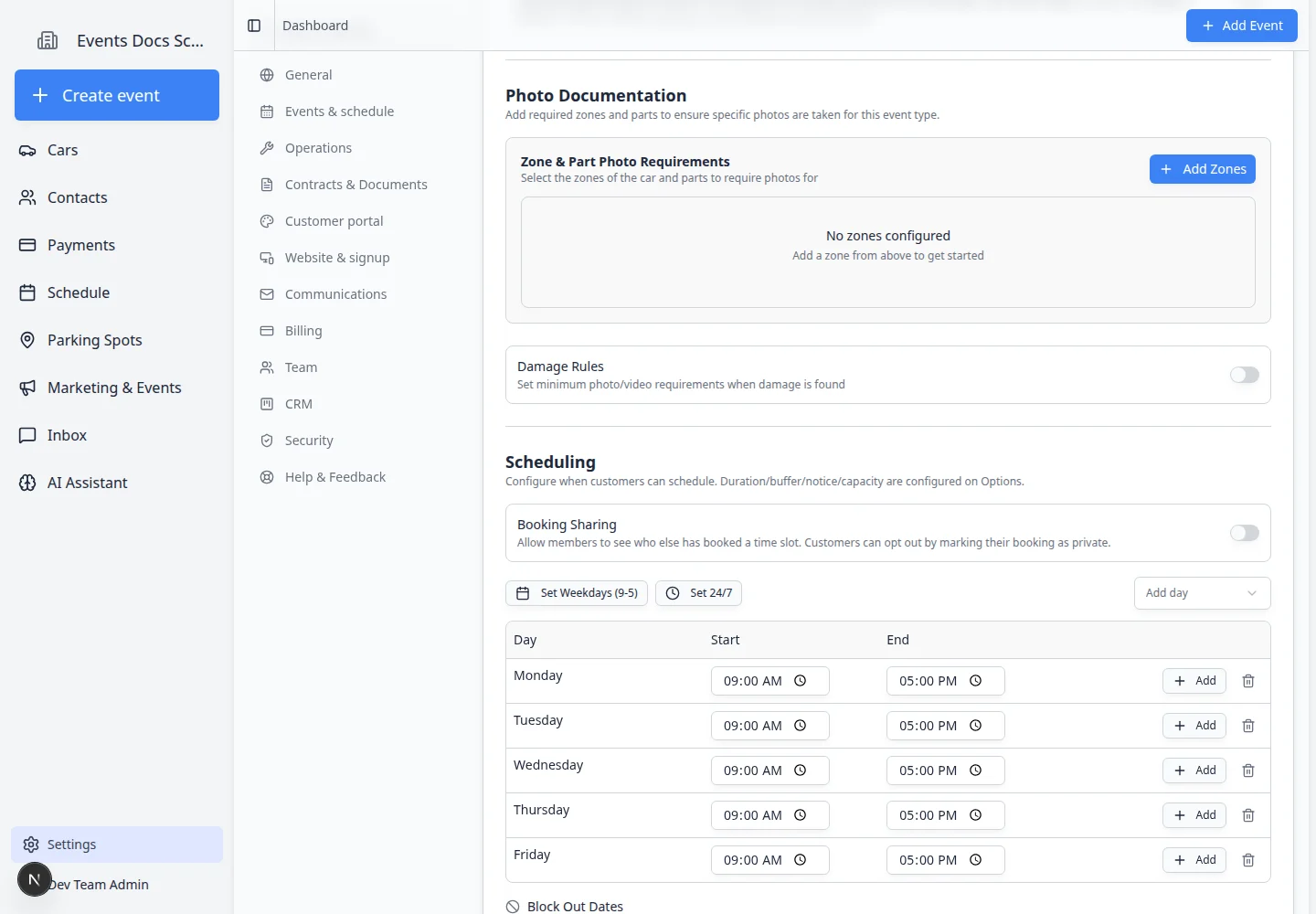 Edit Event Type page scrolled to the Photo Documentation section with Zone and Part Photo Requirements