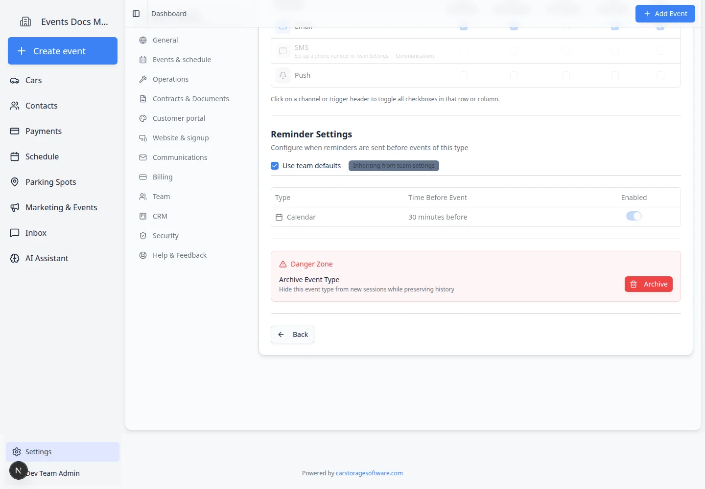 Edit Event Type page showing Reminder Settings with Use team defaults, reminder type, time before event, and enabled controls
