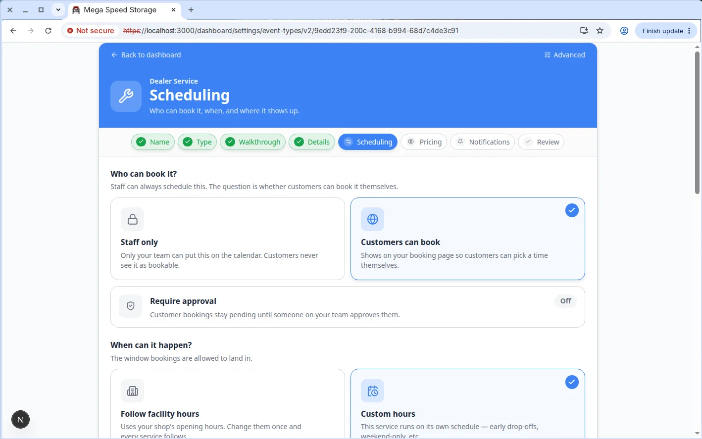 Edit Event Type page showing the Scheduling section with weekdays, time ranges, Set Weekdays, Set 24/7, and Add day controls