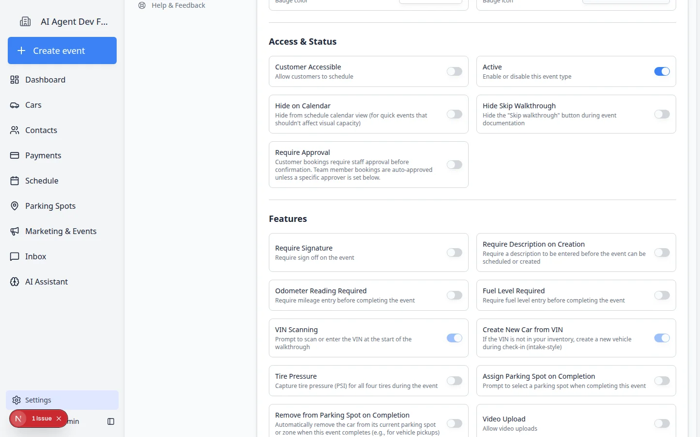 Edit Event Type page showing Customer Accessible and Active toggles plus workflow features such as odometer, fuel level, and assign parking spot