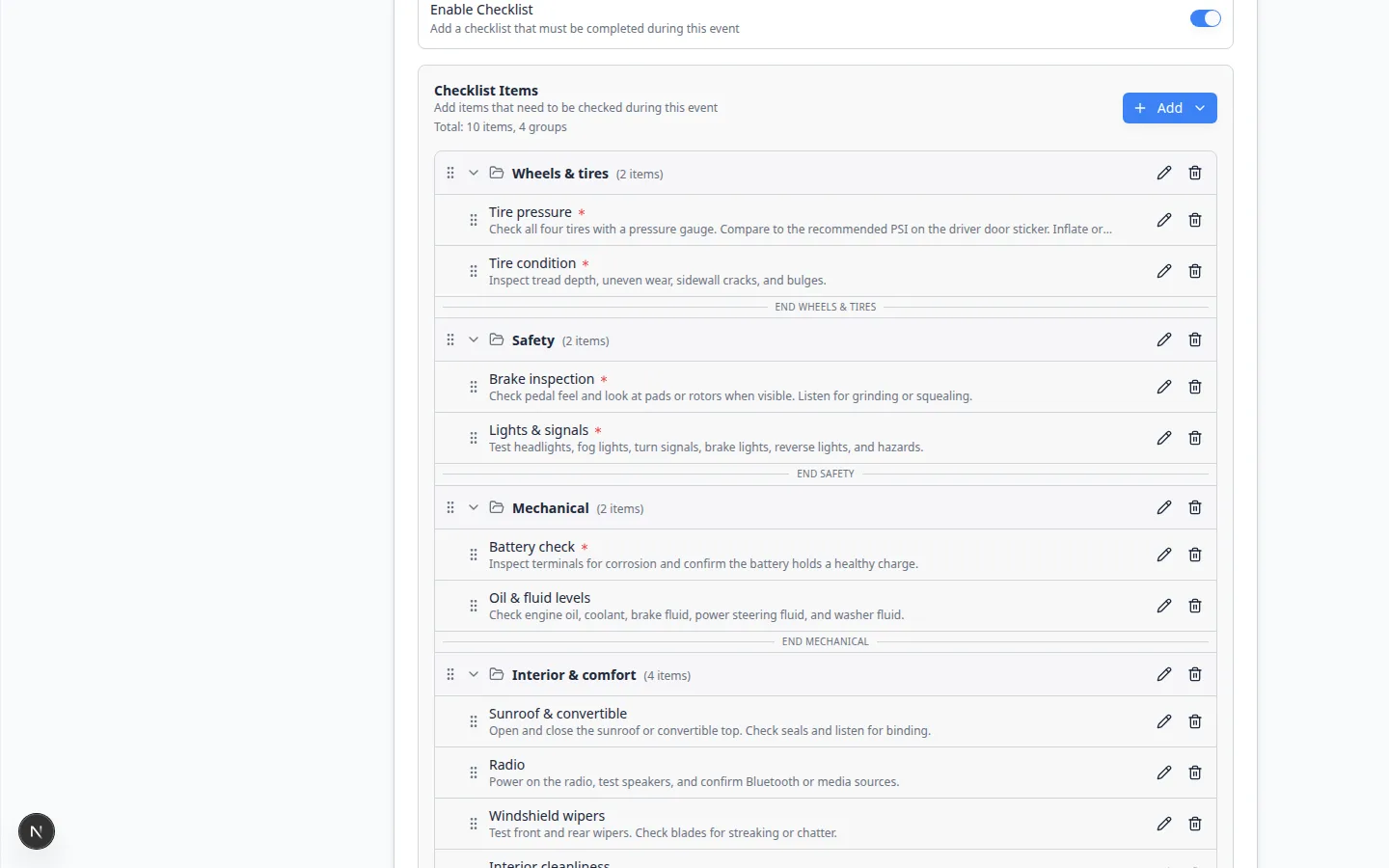 Edit Event Type page with Enable Checklist turned on and grouped checklist items for Wheels and tires, Safety, and Mechanical