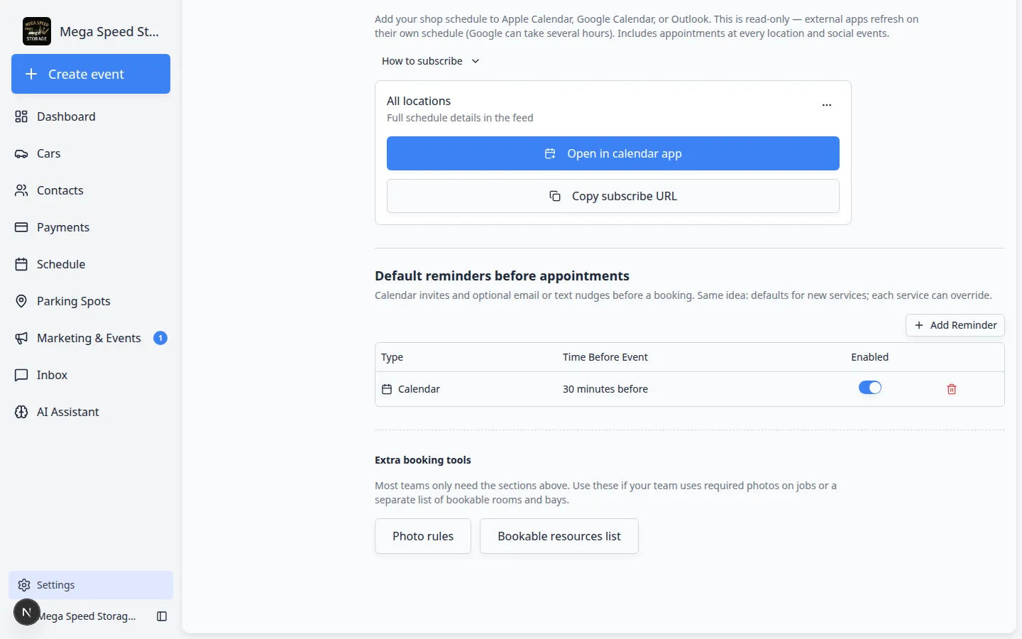 Extra booking tools section at the bottom of Events and schedule with Photo rules and Bookable resources list buttons