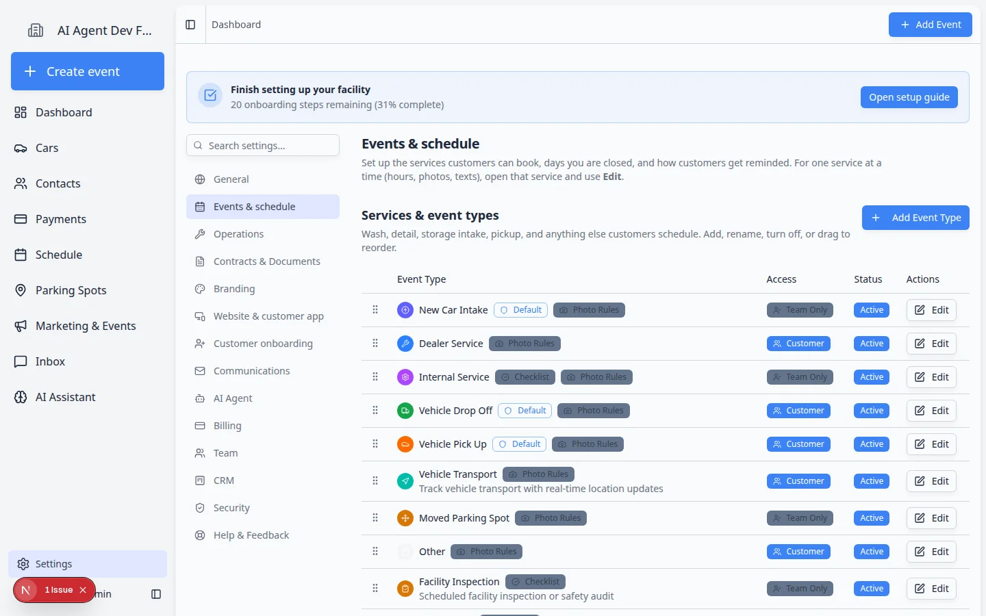 Events and schedule settings page showing the Services and event types table